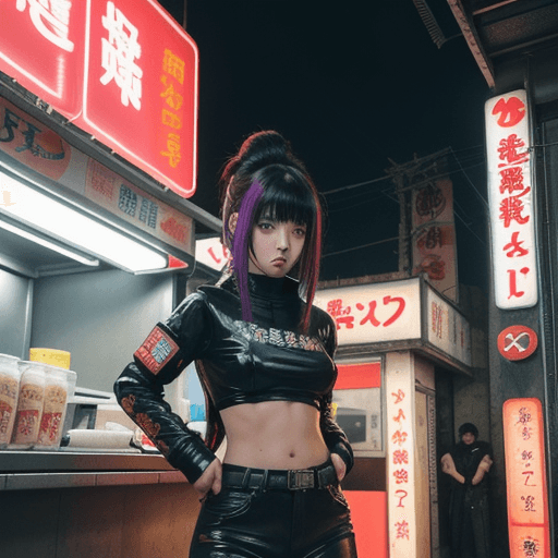 AI generated: cyberpunk girl in front of a ramen stand. Anime style. Her hair is long, messy and blue. Paprika sty...