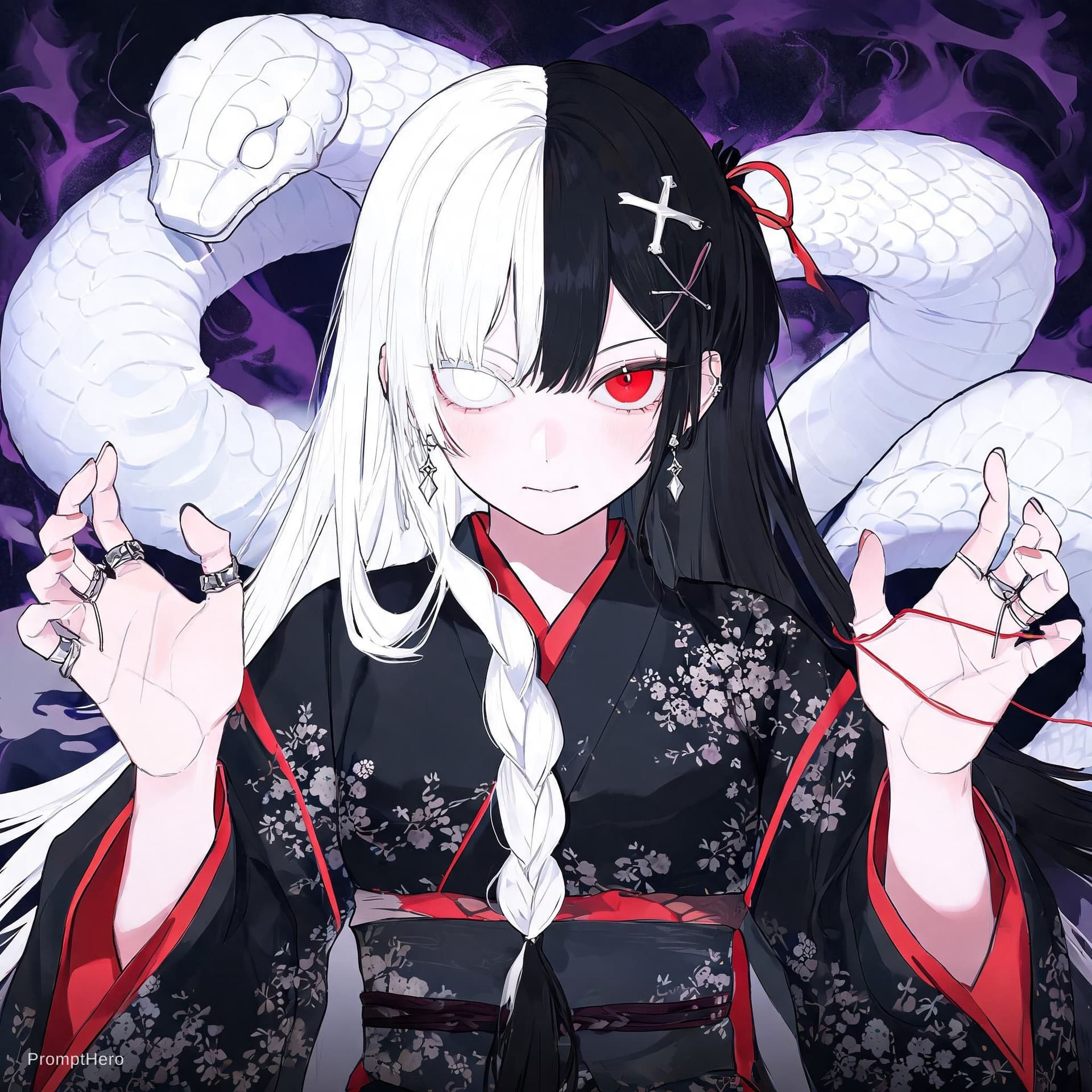 AI generated: 1girl, solo, pale skin, (split-color hair, white hair, black hair), long hair, long sidelocks, x hai...