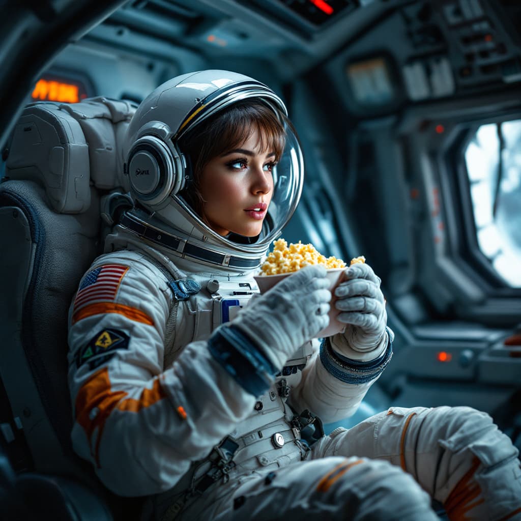 AI generated: female Astronaut eating popcorn in spaceship