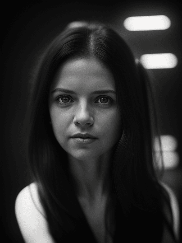 AI generated: Black and White, sharp catch lights in eyes, looking off camera, A soul-stirring  portrait of a woma...