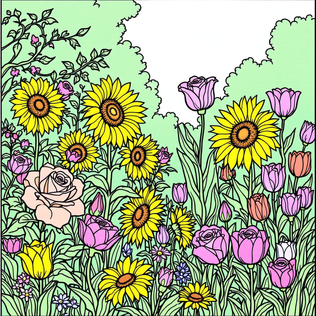 AI generated: Coloring book page,	A garden of blooming roses, sunflowers, and tulips, no color