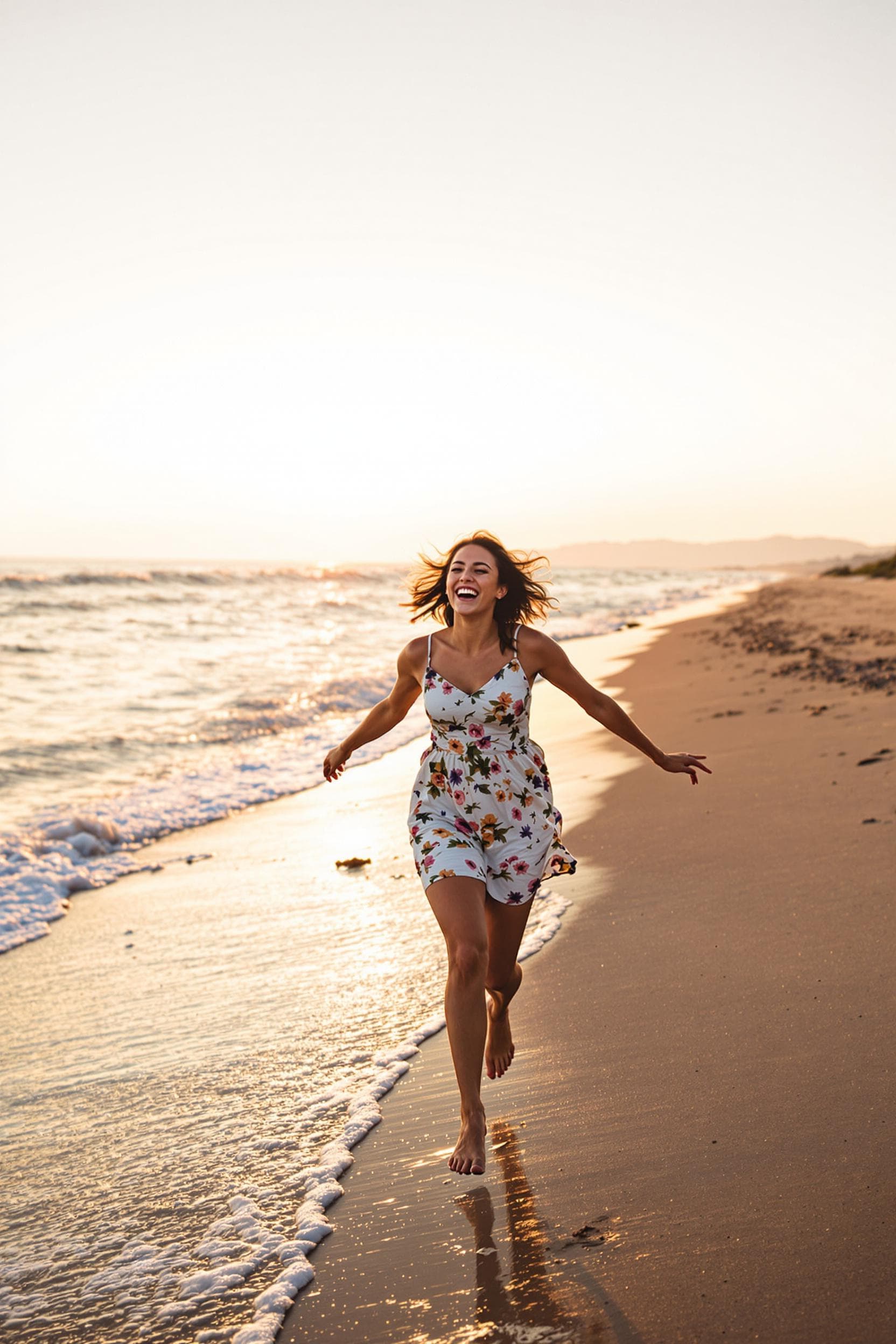 AI generated: A woman in a short floral dress. She runs along the beach and laughs. The sun is slowly setting.
