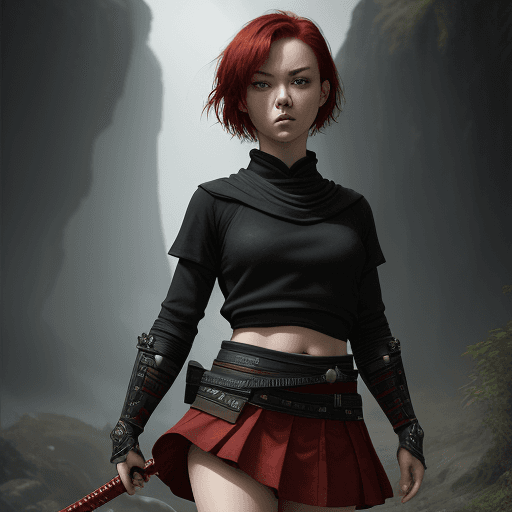 AI generated: Lowland girl, short red hair, full body, looking at the camera, ninja samurai, photorealism, dayligh...