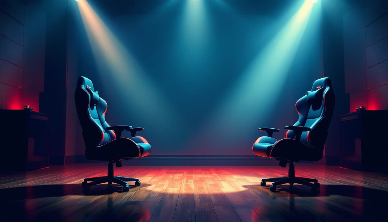 AI generated: background image with shade #1E1E2E in the image there should be 2 gaming chairs facing the center b...