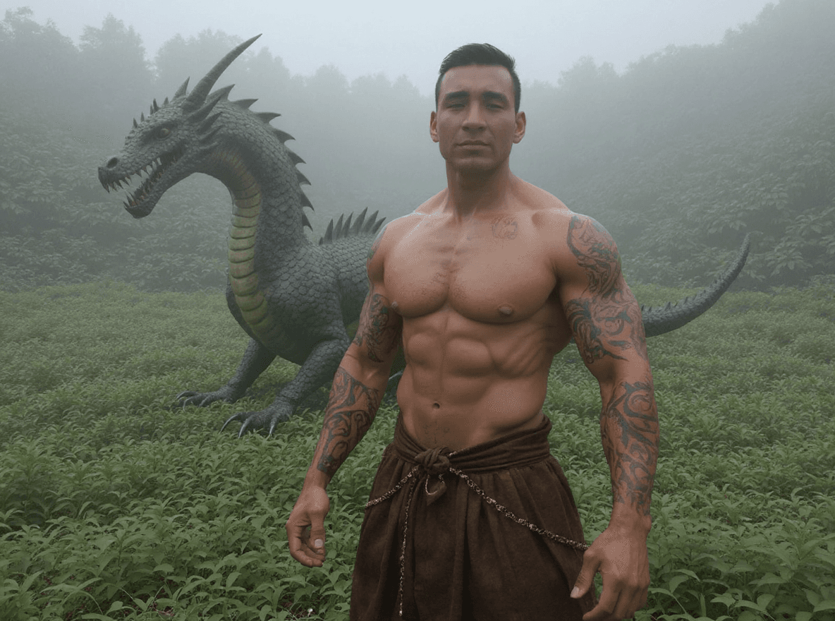 AI generated: A muscular man standing confidently in a lush, misty forest setting. He has a strong presence, showc...