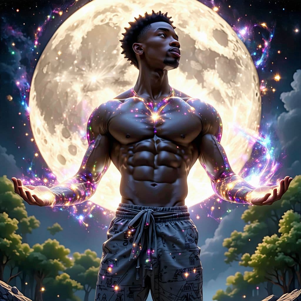 AI generated: A shirtless black man thin of build puts out a luminously powerful Lunar AI deity, emanating a celes...