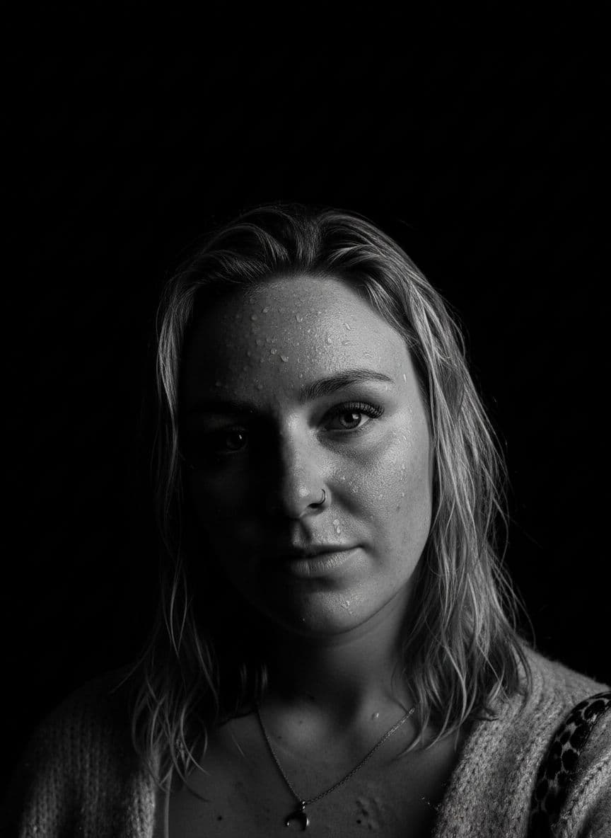 AI generated: Transform this portrait into a dramatic, high-contrast black-and-white image. Emphasize deep shadows...