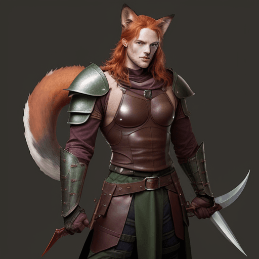 AI generated: Character: Tall, lean, slightly muscular red-haired green-eyed man with fox ears and tail in full se...