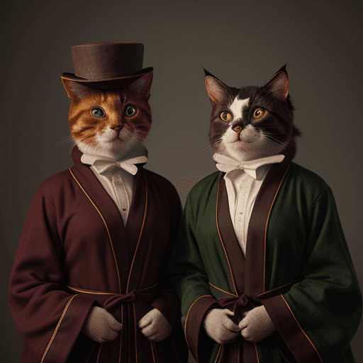 AI generated: a picture of two people, wearing cloth hats and robes, in the style of realistic animal portraits, u...