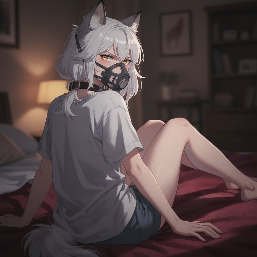 AI generated: 1 wolfgirl, wolfgirl, white hair, long hair, messy hair, yellow eyes, sharp eyes, sharp teeth, irrit...