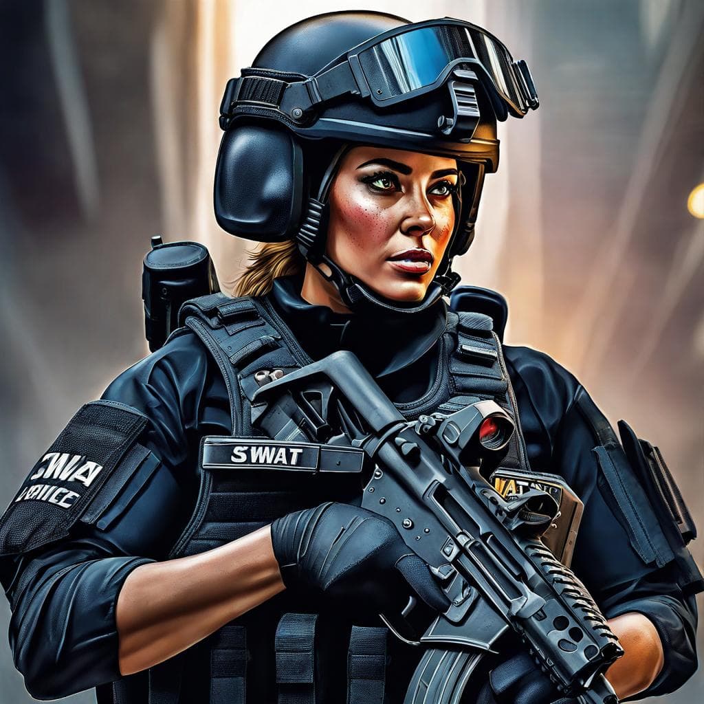 AI generated: a powerful and dignified portrait of a SWAT officer, capturing her unwavering commitment to service,...
