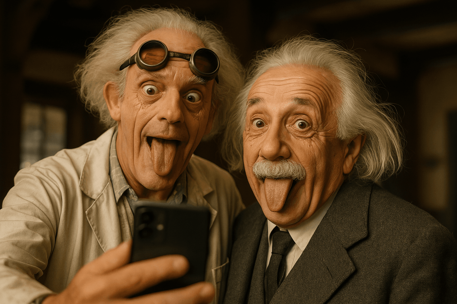 AI generated: Doc Brown from back to the future meets albert Einstain, boot taking a selfie and showing the tongue...