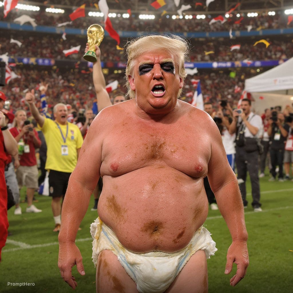AI generated: Donald J. Trump in a dirty diaper at the FIFA world cup championship celebration begging for attenti...