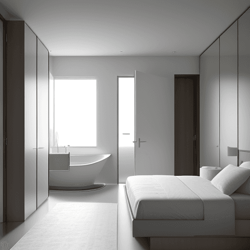 AI generated: A mordern interior design bedroom, square room with side 3m, double bed, workspace, wardrobe, and en...
