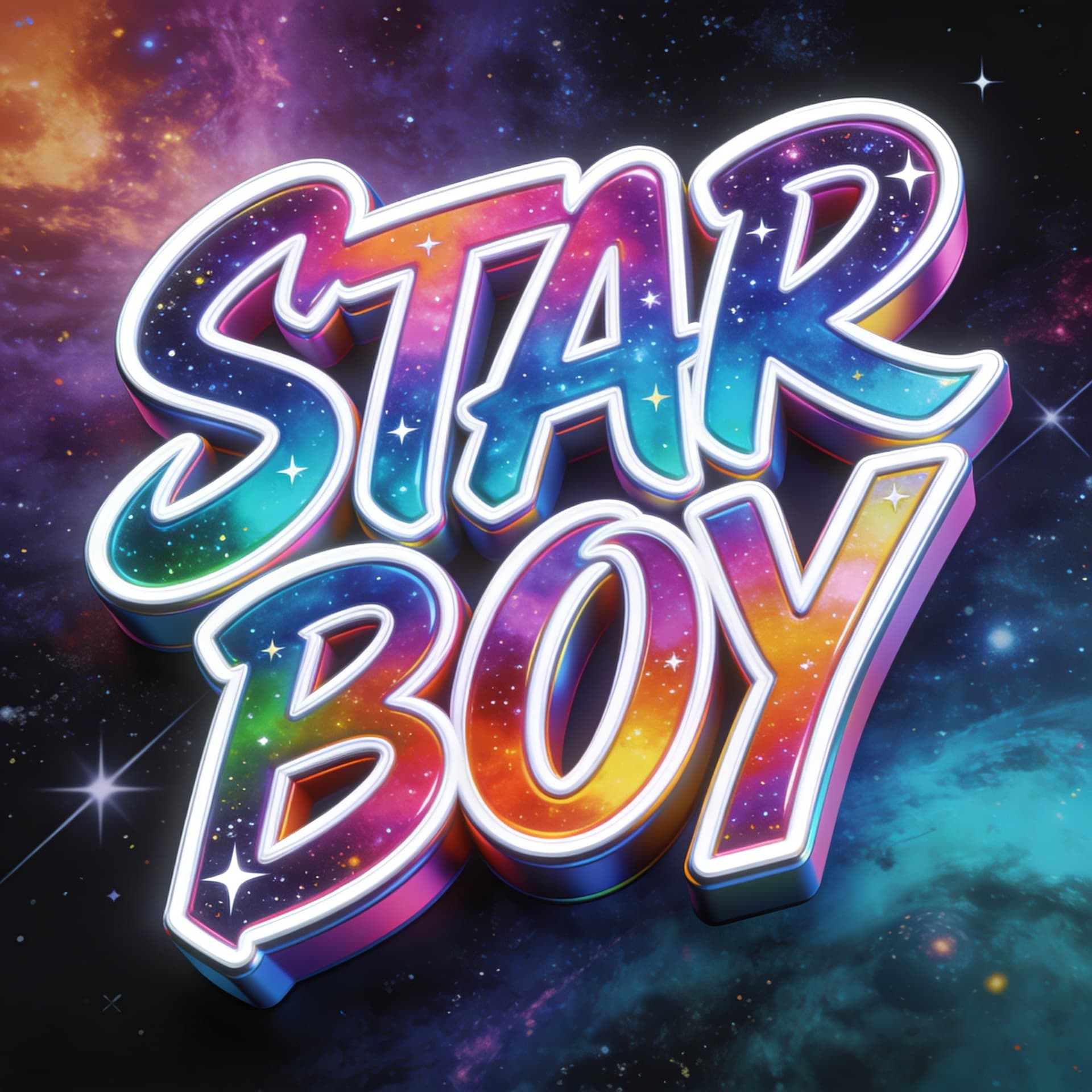 AI generated: in 3D BEVELED graffiti the words "STARBOY",  EXTRUDED DEPTHS, THE FILL COLORS SHOULD BE OUTER SPACE ...