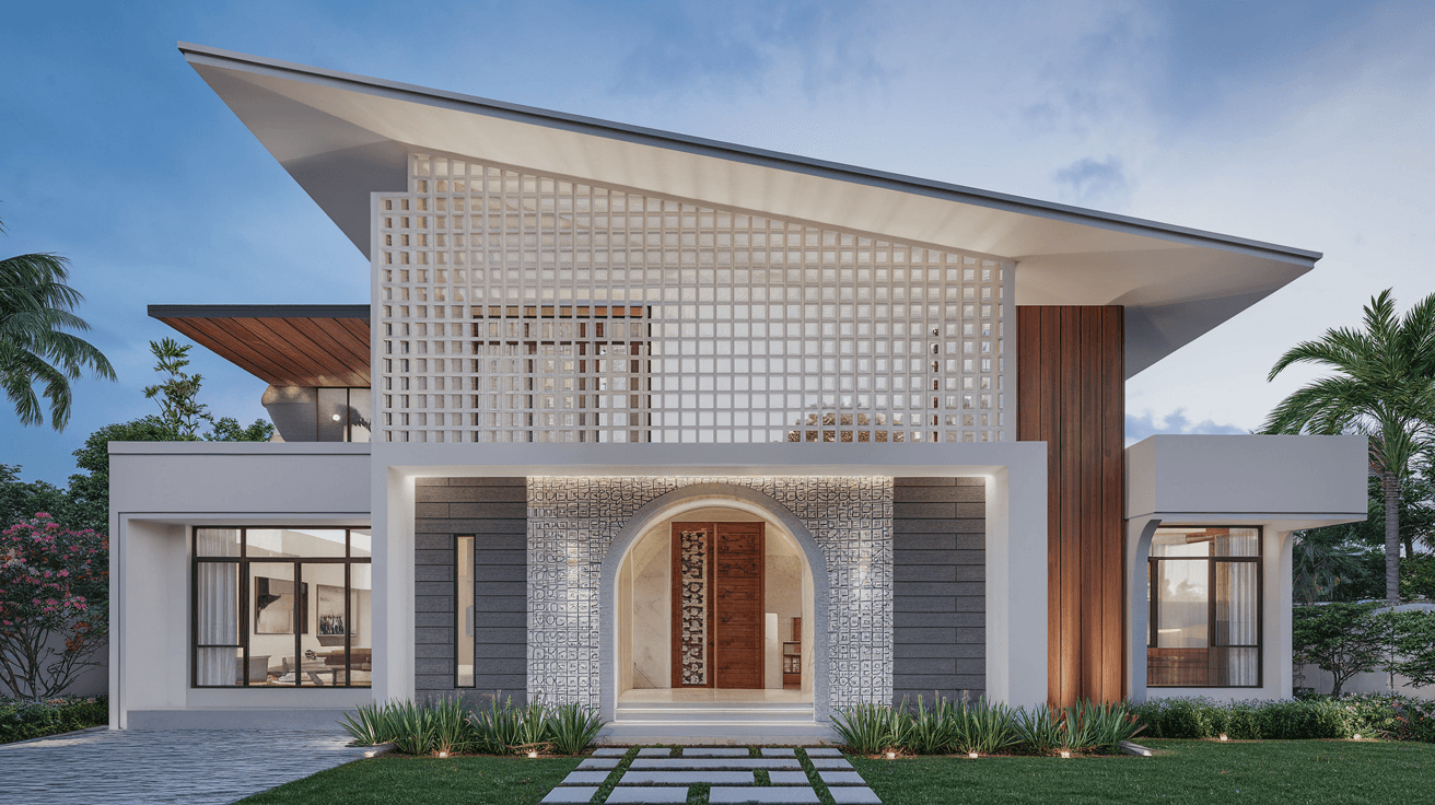AI generated: A hyper realistic 4k image of A modern architectural design of a house during twilight. The house fe...