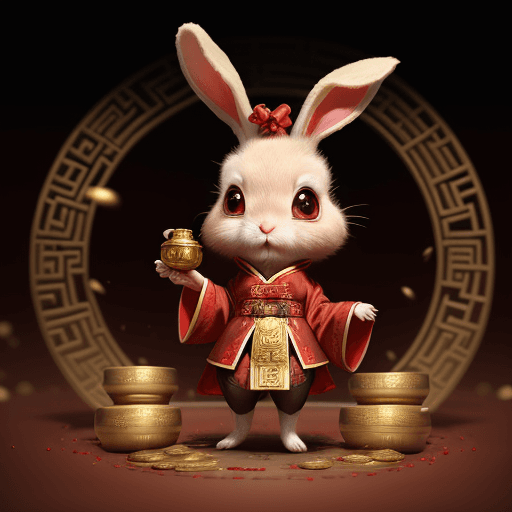 AI generated: Anthropomorphic, cute little rabbit dressed in elegant red hanfu, holding gold coin, the ground cove...
