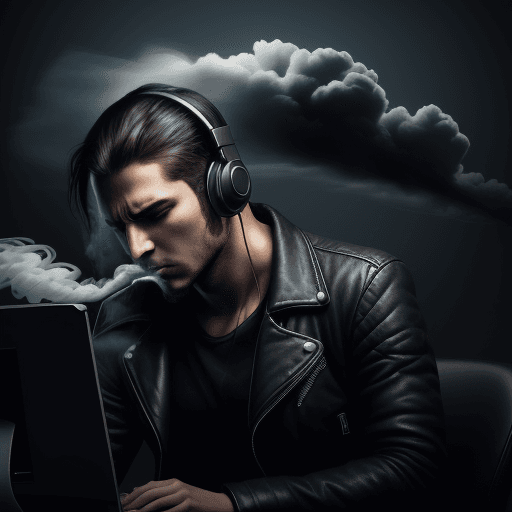 AI generated: digital artist in front of the computer, having a dark cloud coming out of his head, like smoke. he ...