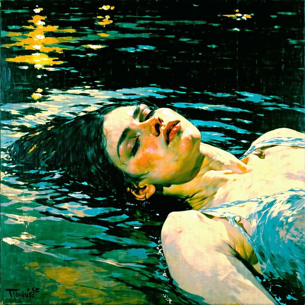AI generated: insomnia over river (by Toulouse-Lautrec) oldschool mistery advanced grown up Hollywood extra qualit...
