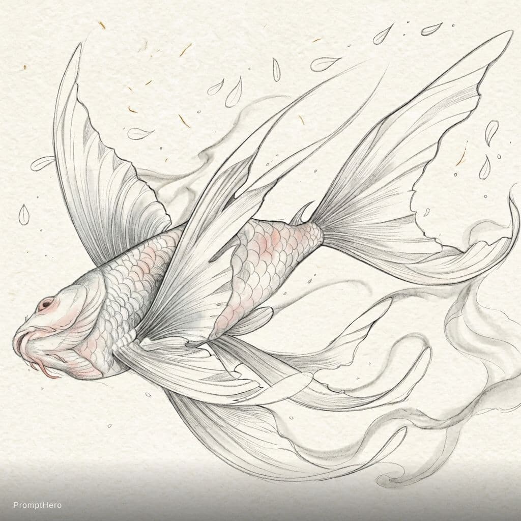 AI generated: 一幅从下方30°仰视的优雅文鳐鱼铅笔画，仿佛从鸟瞰视角。鱼轻轻游动，长长的鱼鳍如丝绸或烟雾般拖曳。重点在于鳍的优雅运动和透明感， 鳍在身体后方延伸出平滑的曲线。这幅素描细节丰富且写实，采用柔和的石墨在...