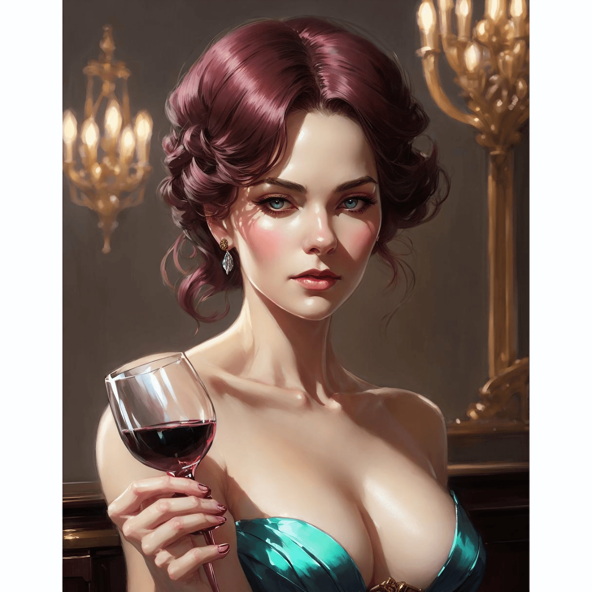 AI generated: woman holding wine glass, elegant, close up on face, extremely detailed, vintage dress theme, charac...