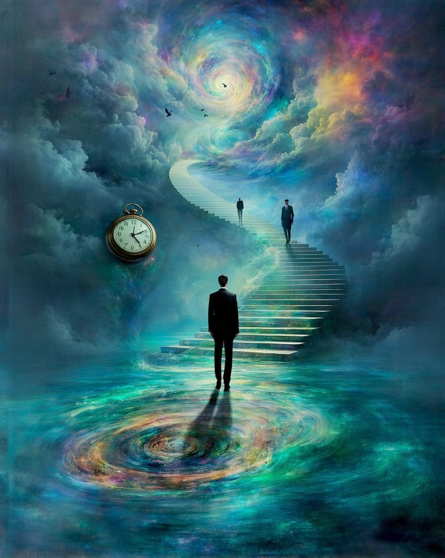 AI generated: a surreal and psychedelic scene, reminiscent of a Salvador Dali painting, where time and reality are...