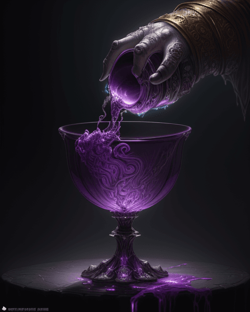 AI generated: cup thanos of codeine, purple liquid in cup glowing, fantasy, dramatic, intricate, elegant, highly d...