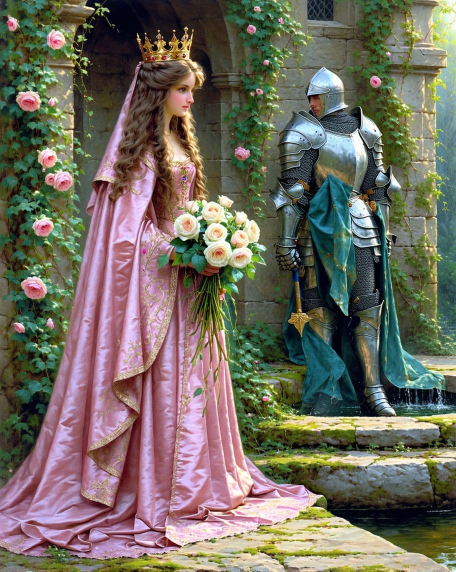 AI generated: A romantic oil painting in the style of Edmund Leighton, depicting an enchanting medieval scene: a y...