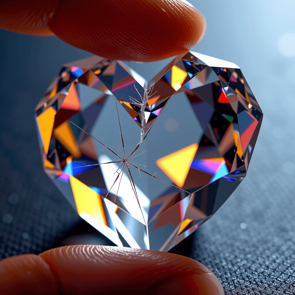 AI generated: "A close-up macro view of a perfectly cut, multi-faceted crystal heart, cracked but still holding it...