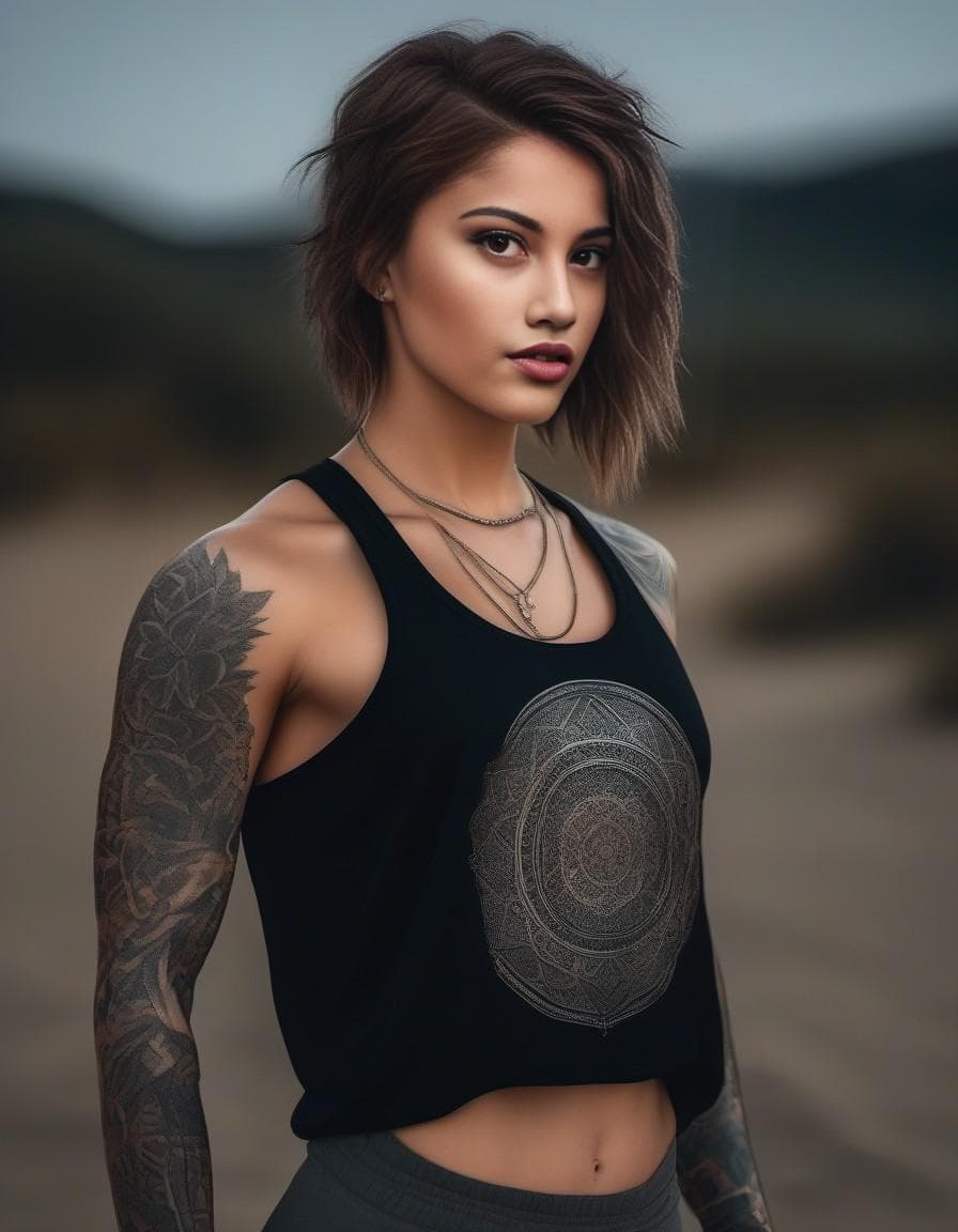 AI generated: beautiful warrior woman, intricately covered in tattoos, (wearing a black tank-top and baggy joggers...
