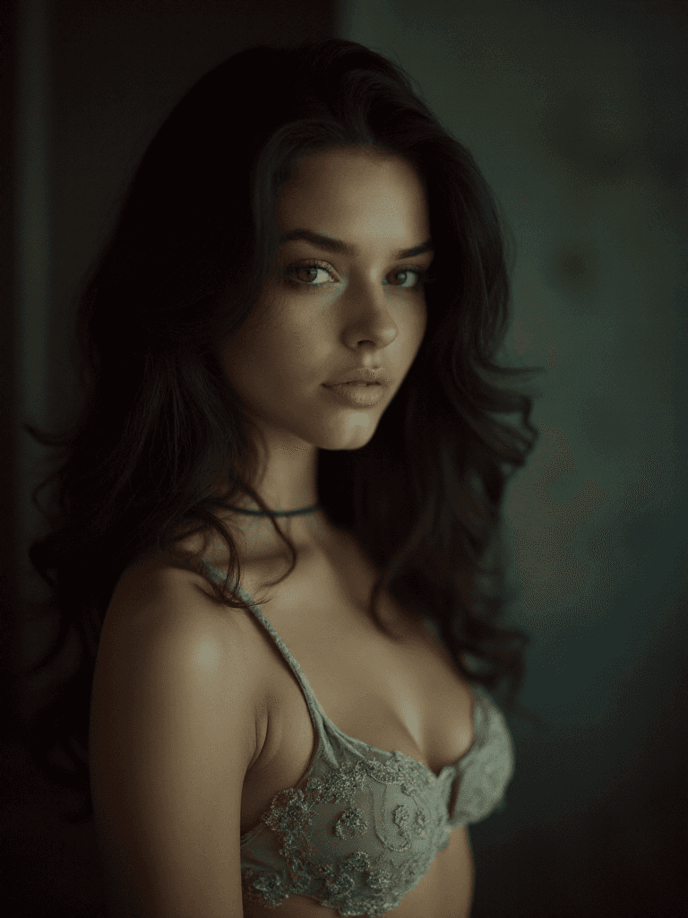 AI generated: (woman:1.1) with (dark:1.2) wavy hair is totally in a completely (dark:1.1) open room with the (only...