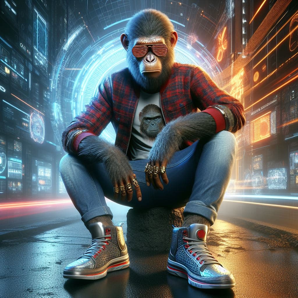 AI generated: King of Apes, ruling the urban jungle with style, Donned in casual fashion with a cyberpunk twist, t...