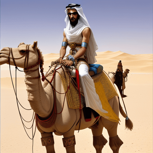AI generated: an image of an arab man on a camel in the desert, in the style of colorful moebius, cyberpunk manga,...