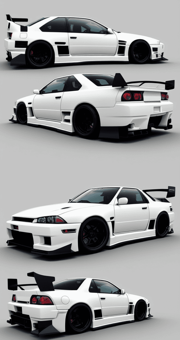 AI generated: A cyberpunk themed sedan designed by white nissan skyline, Robotic, sleek, minimal, concept art, car...