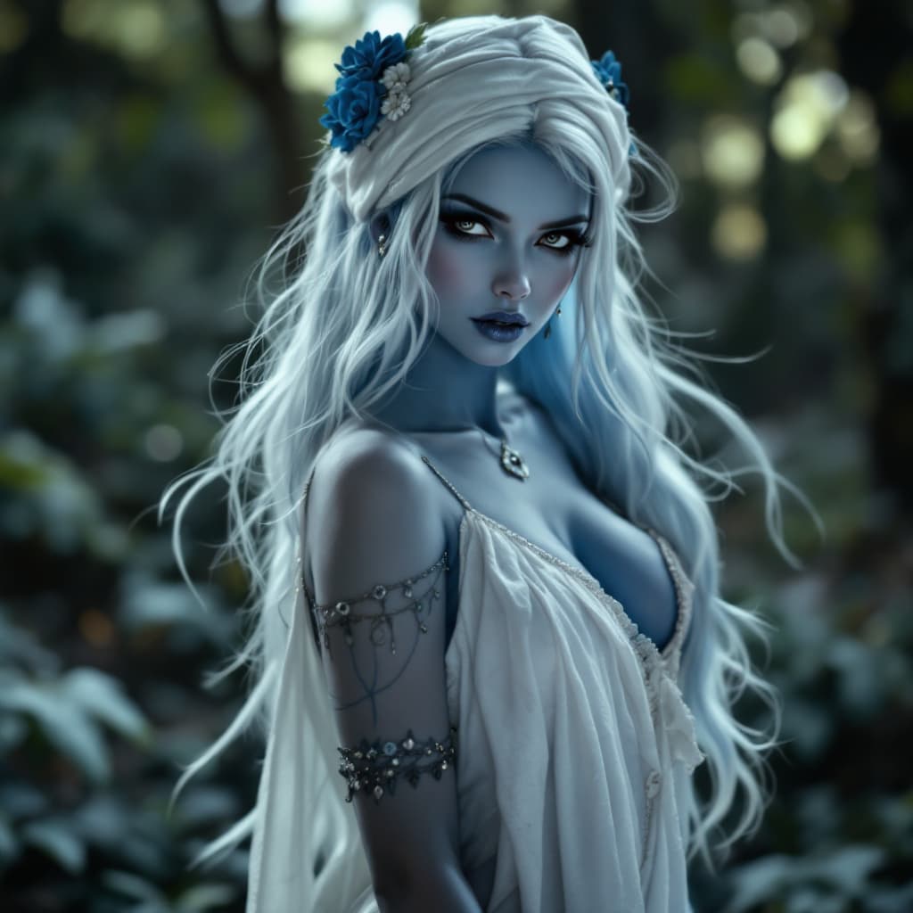 AI generated: smur-fette from the smurfs, beautiful charismatic woman, piercings, athletic, a woman with a white d...