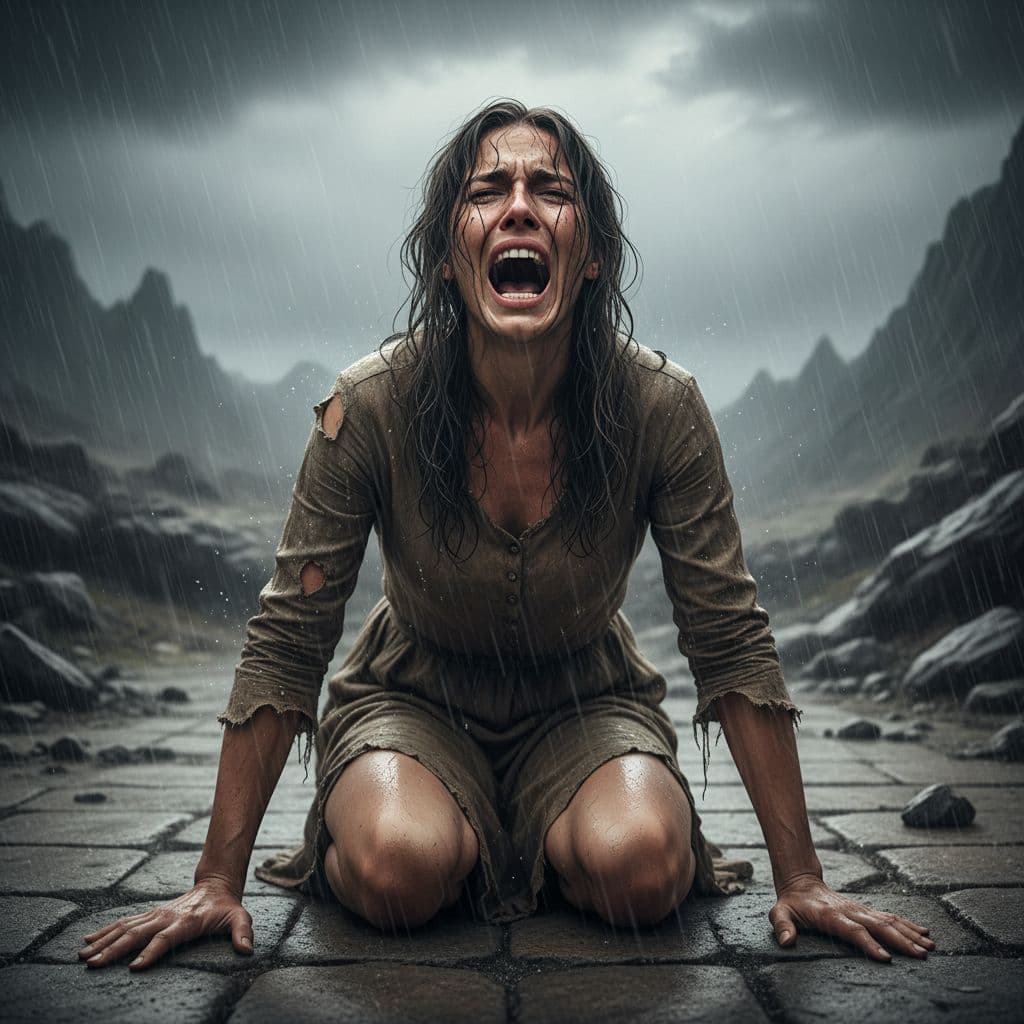 AI generated: Kneeling with open mouth 