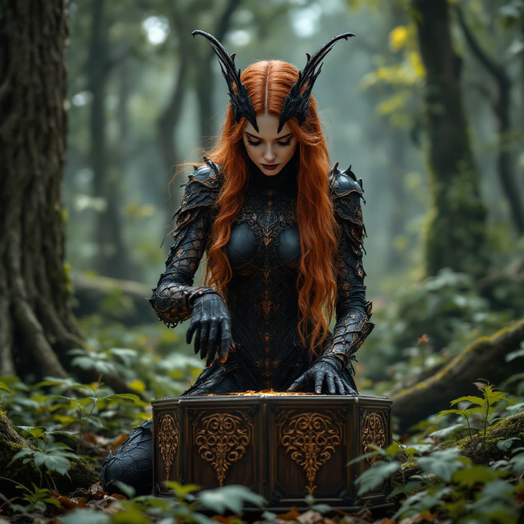 AI generated: A full body photo shot of a woman with long red hair and white Victorian Black Ebony wood armor, ins...