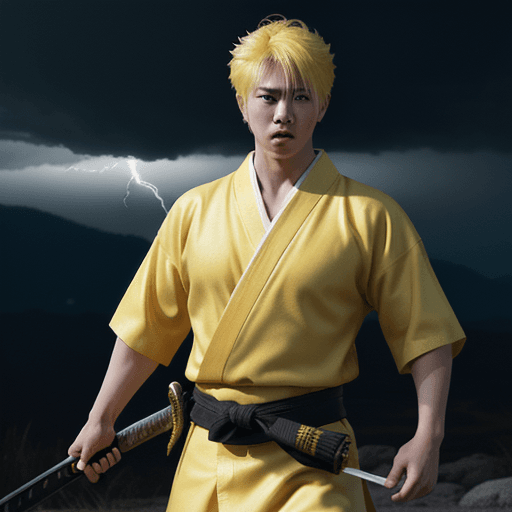 AI generated: a boy named Zenitsu using thunder breathing, yellow haired guy, katana in hand, wearing yellow Japan...