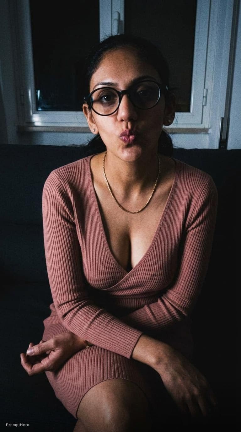 AI generated: looking at me. Sitting on a couch at night(no lights), wearing same (cleavage) dress décolleté, teas...