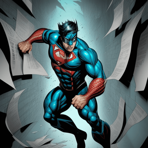 AI generated: Comic book art, fish man superhero ripping through a paper wall, masculine yet fierce, in the style ...