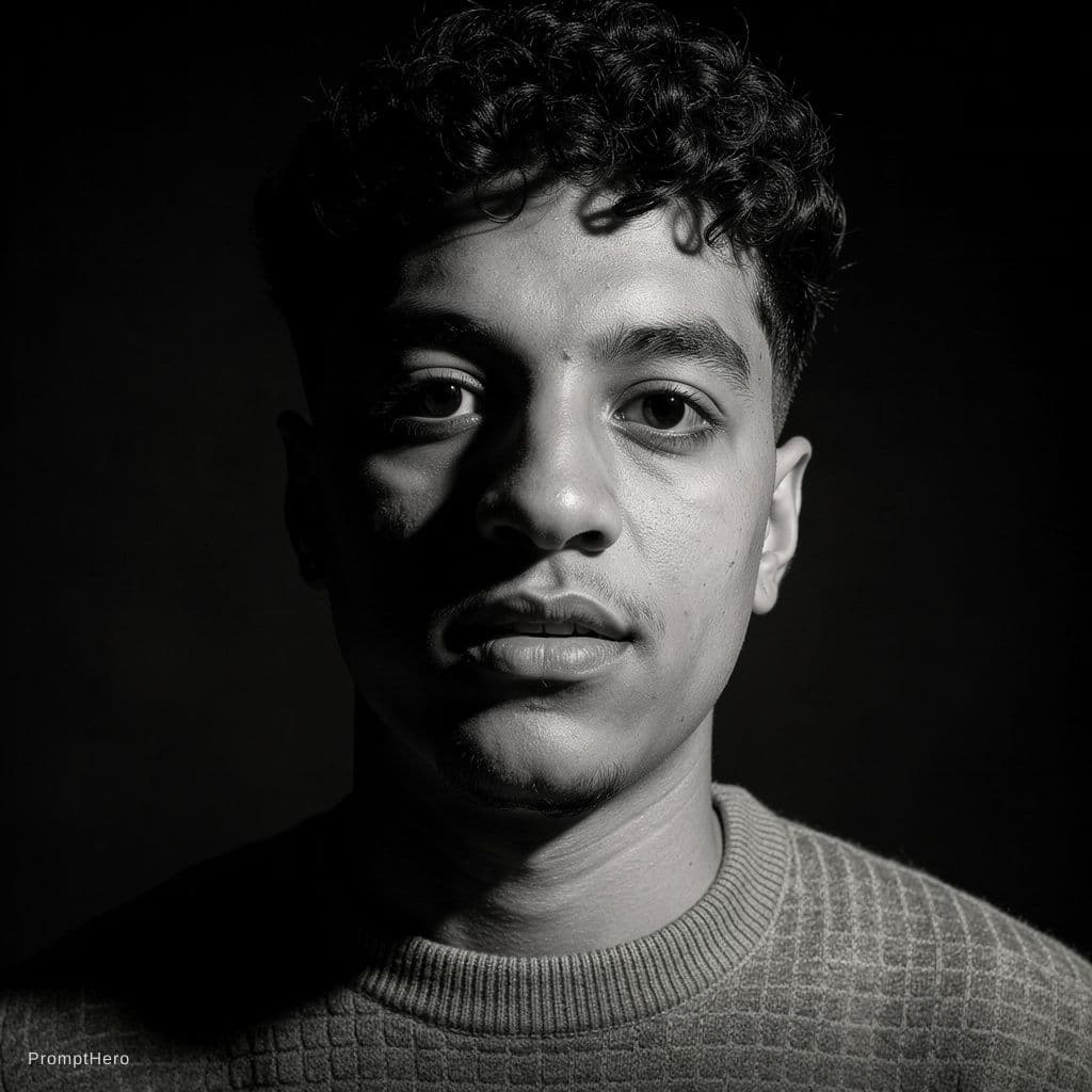 AI generated: High-definition black and white cinematic portrait of the SAME young man from the reference photo, e...