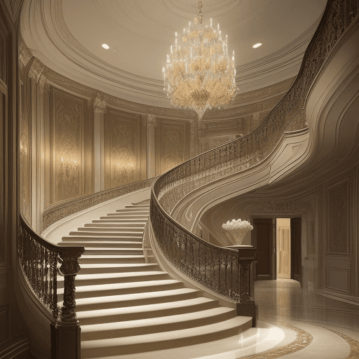 AI generated: Create a mega mansion foyer. Add a double helix stair case. Illustrate the expansiveness of the mans...