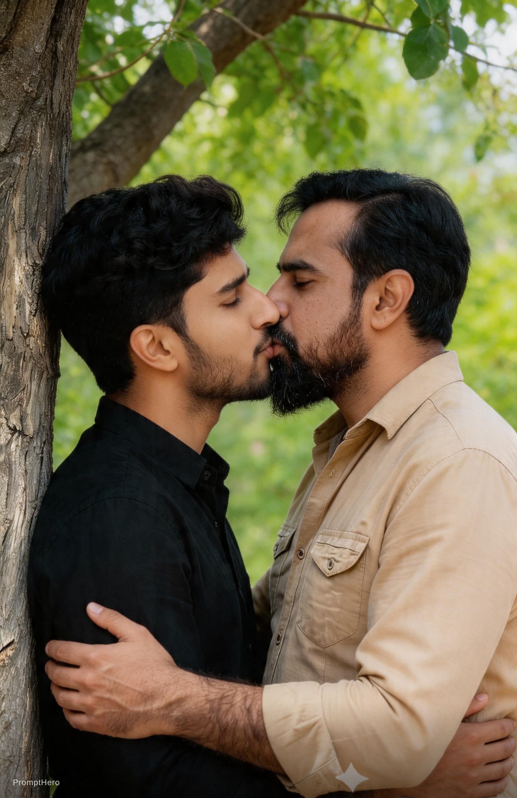AI generated: two cute male gay couples kissing under a tree