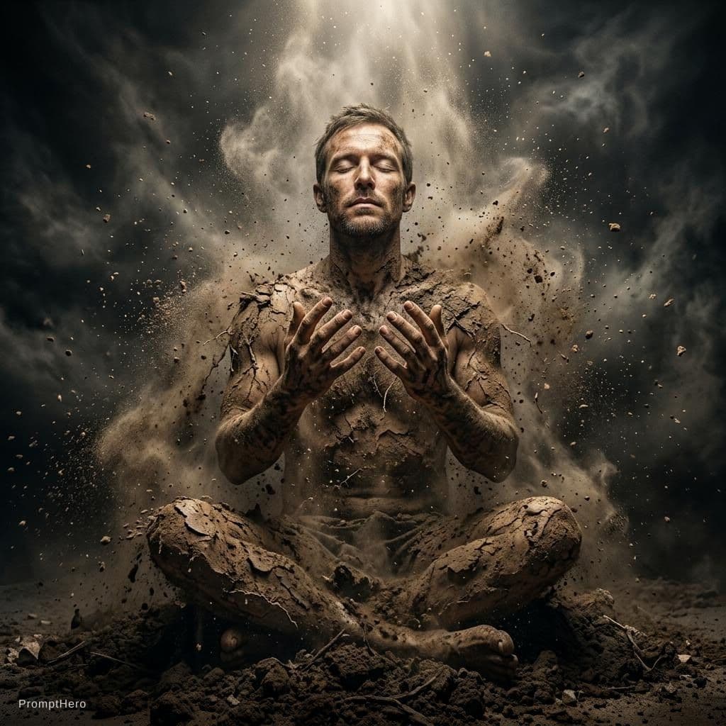 AI generated: A dramatic surreal portrait of a man emerging from earth and dust, eyes closed in a meditative state...