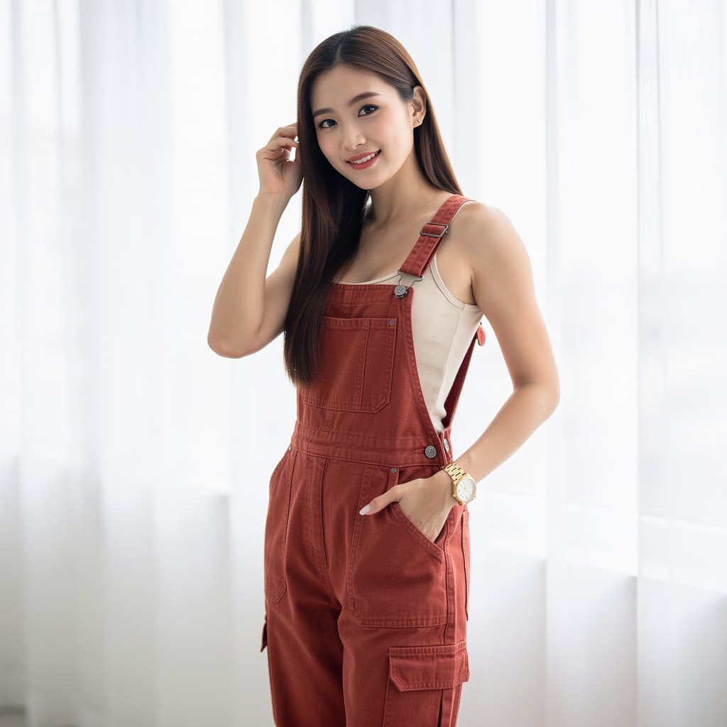 AI generated: A high-quality photorealistic portrait of a beautiful young Asian woman standing in a bright, minima...