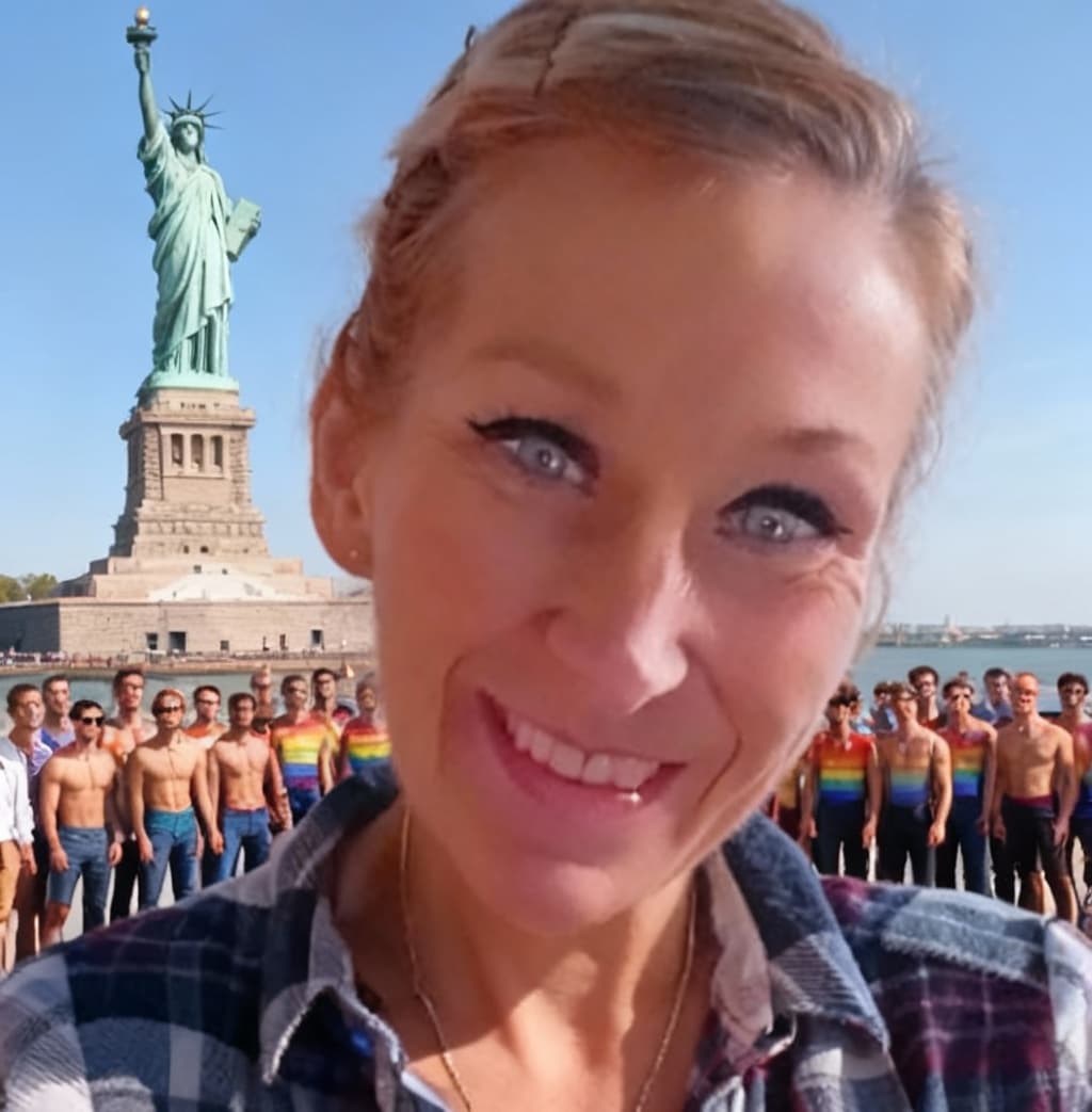 AI generated: A woman standing in front of the Statue of Liberty with 50 gay men