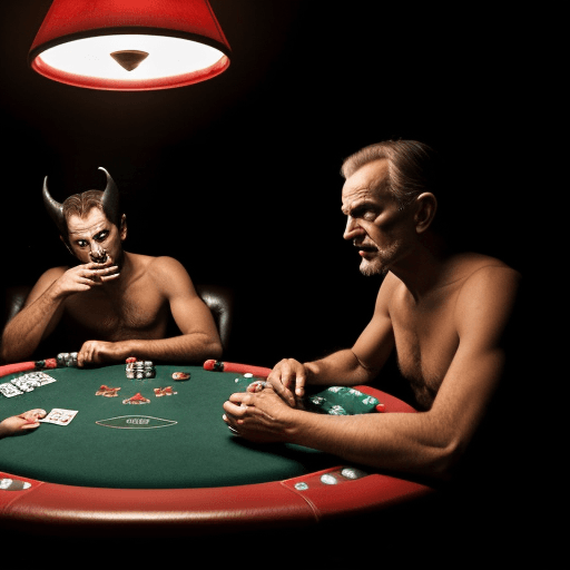 AI generated: god and satan playing poker in the dark room