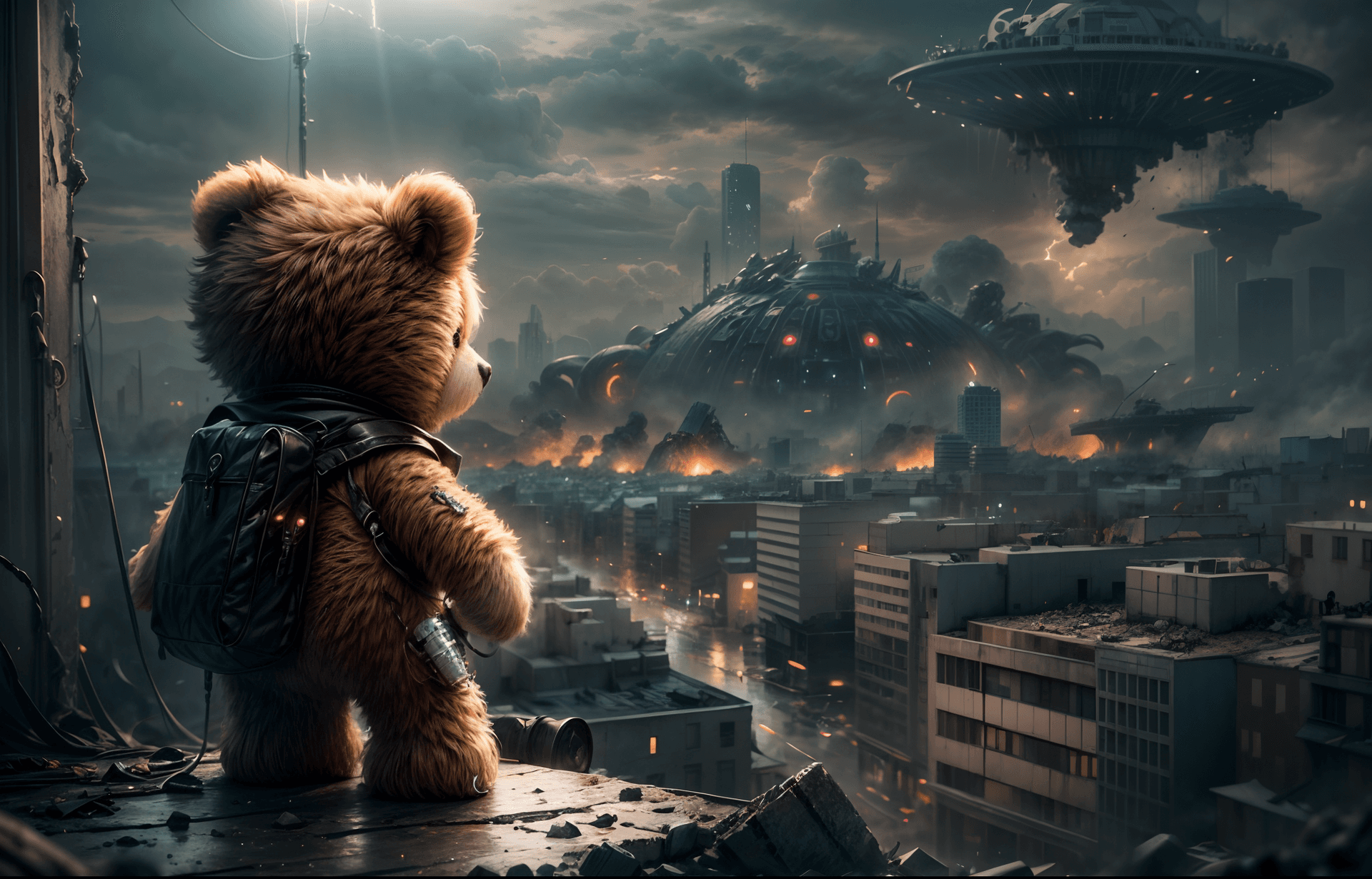 AI generated: concept art, ultra-wide shot, a small Teddybear doll watching alien invasion, city destroyed, depth ...