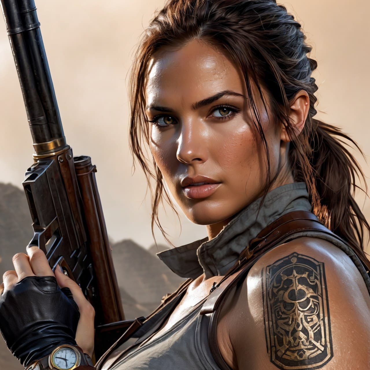 AI generated: vector art, Steampunk Portrait of Lara Croft, detailed, comic style, jim lee, (Masterpiece:1.3), (be...