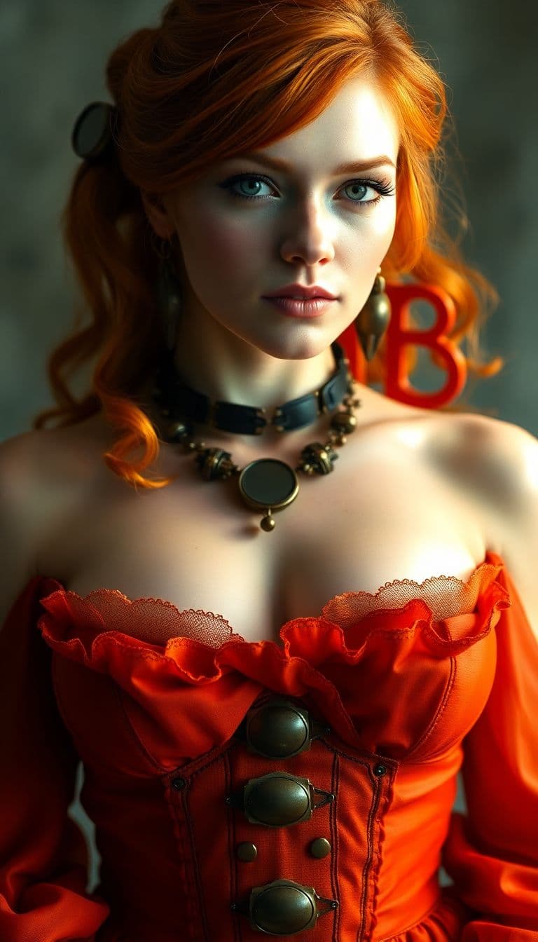 AI generated: Generate a photorealistic portrait of a beautiful redhead female country artist wearing a steampunk-...